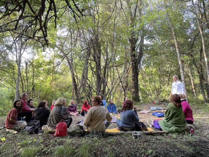 un gruppo di persone vive le costellazioni familiari nel bosco sedute in cerchio